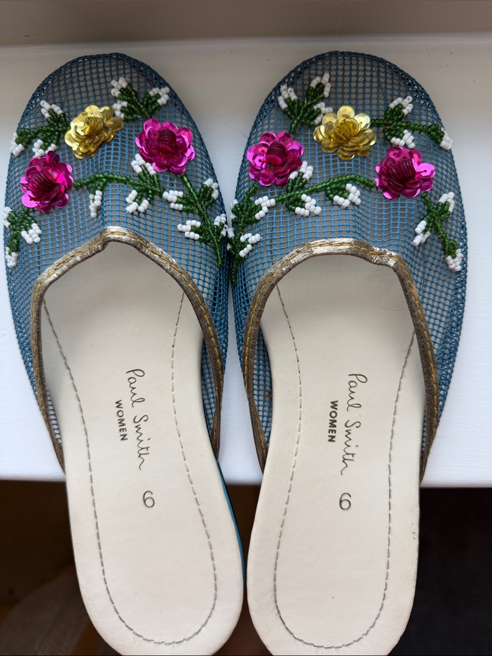 Paul Smith Teal Mesh Floral Sequin Flats with Gold Trim, Sz 6